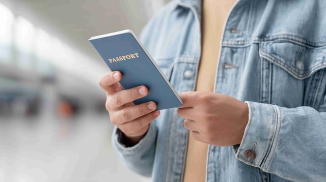 A Person Stands In A Busy Airport Terminal Holding A Blue Passport
