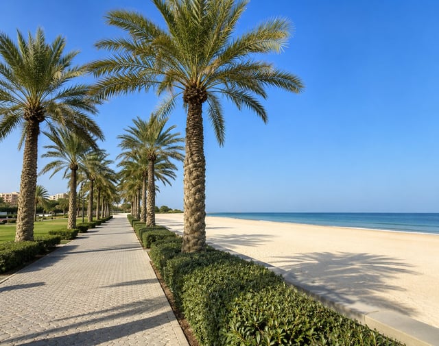 Beachside walkway lined with palm trees, Al Kout Beach