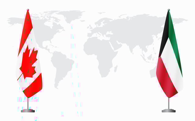Canada And Kuwait Flags For Official Meeting Against Background Of World Map