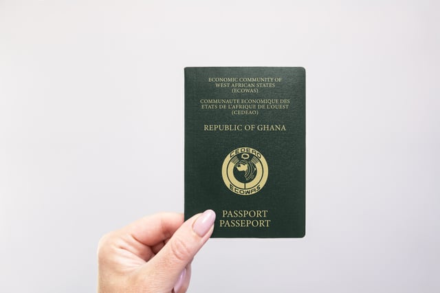 Ghana Passport Held In Hand Against A Plain White Background