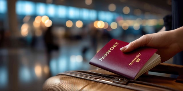 Hand Holding Passport Over Suitcase In Airport Terminal With Blurred Background