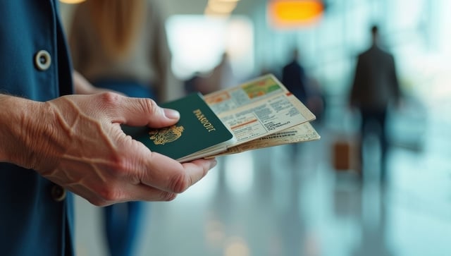 Hands With A Ticket And Passport Ready For Flight In Airport