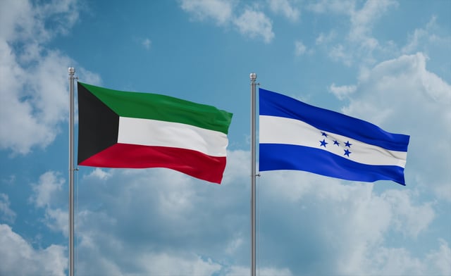 Honduras And Kuwait Flags Waving Together
