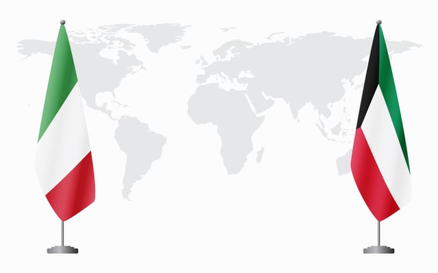 Italy And Kuwait Flags For Official Meeting Against Background Of World