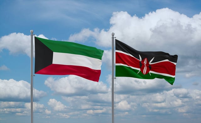Kenya And Kuwait Flags Waving Together On Blue Cloudy Sky Two Country Relationship