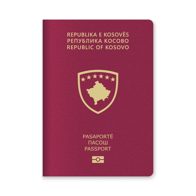 Kosovo Passport Cover Featuring Gold Text And Emblem On Maroon Background