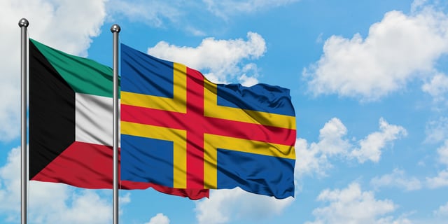 Kuwait And Aland Islands Flag Waving In The Wind Against