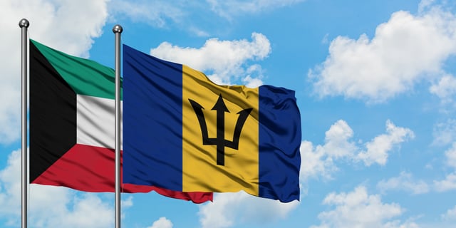 Kuwait And Barbados Flag Waving In The Wind Against White