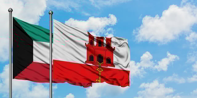 Kuwait And Gibraltar Flag Waving In The Wind