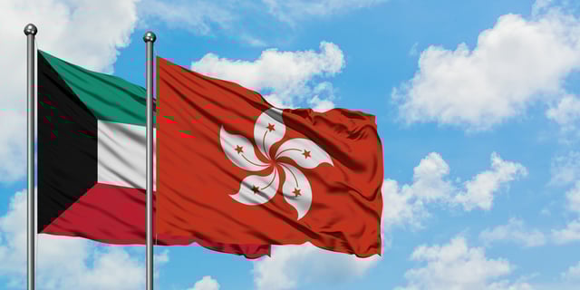Kuwait And Hong Kong Flag Waving In The Wind