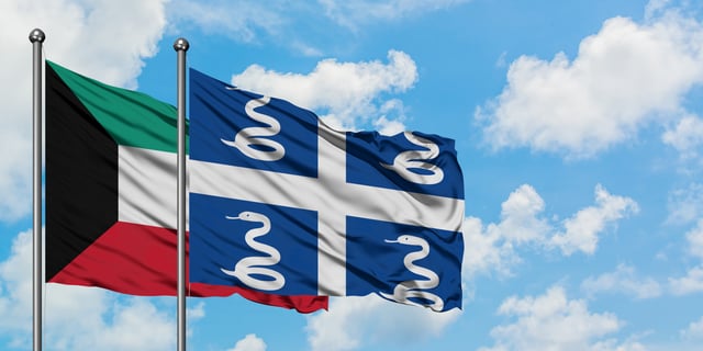 Kuwait And Martinique Flag Waving In The Wind