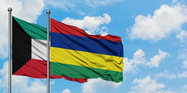 Kuwait And Mauritius Flag Waving In The Wind