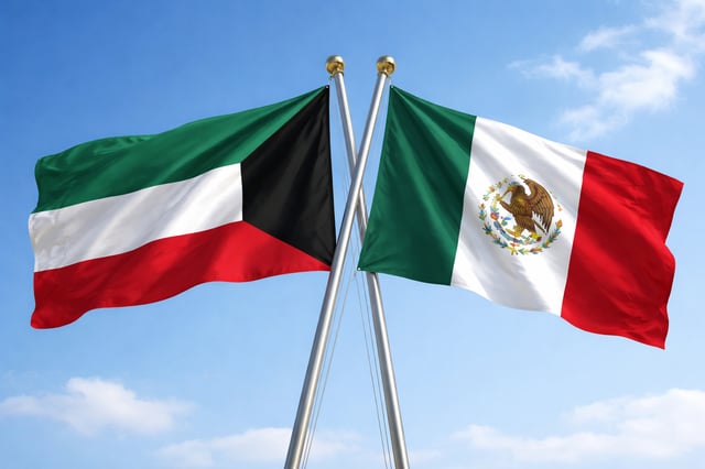 Kuwait Flag With Mexico Flag Waving Together