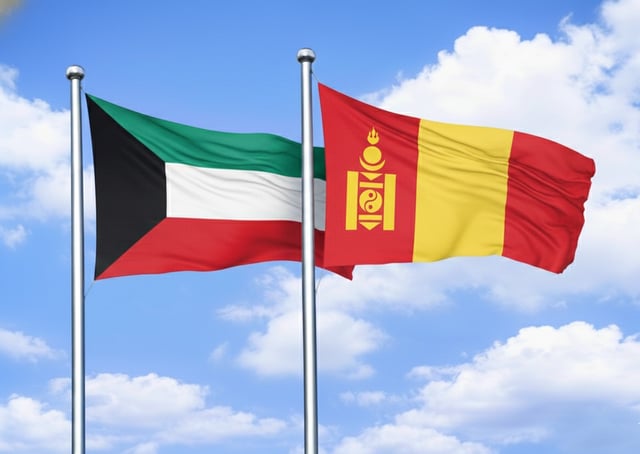 Kuwait Flag With Mongolia Flag Waving Together