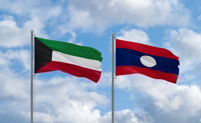Laos And Kuwait Flags Waving Together