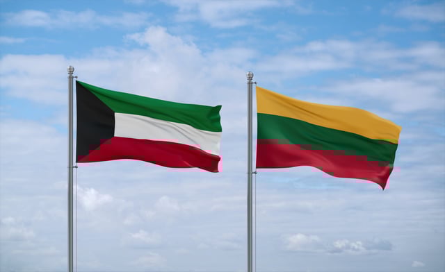 Lithuania And Kuwait Flags Waving