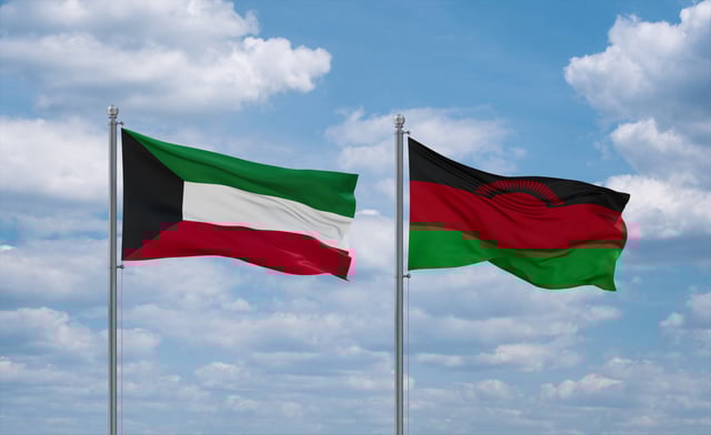 Malawi And Kuwait Flags Waving Together