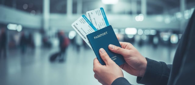 Persons Hands Holding A Blue Passport And Two Airplane Boarding Passes Preparing For International