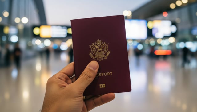 Traveler Holding A Dark Red Passport Featuring An Embossed Gold Emblem