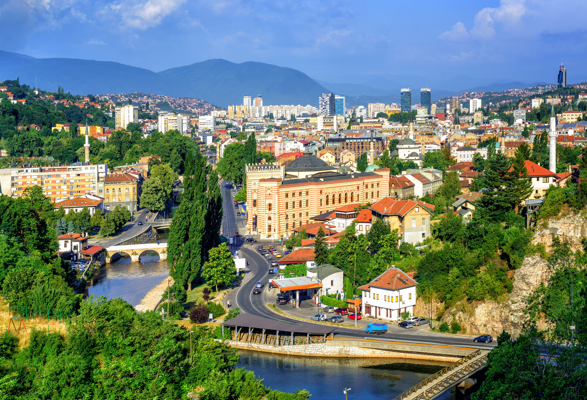 aerial view of sarajevo the capital of bosnia and herzegovina with latin bridge miljacka river