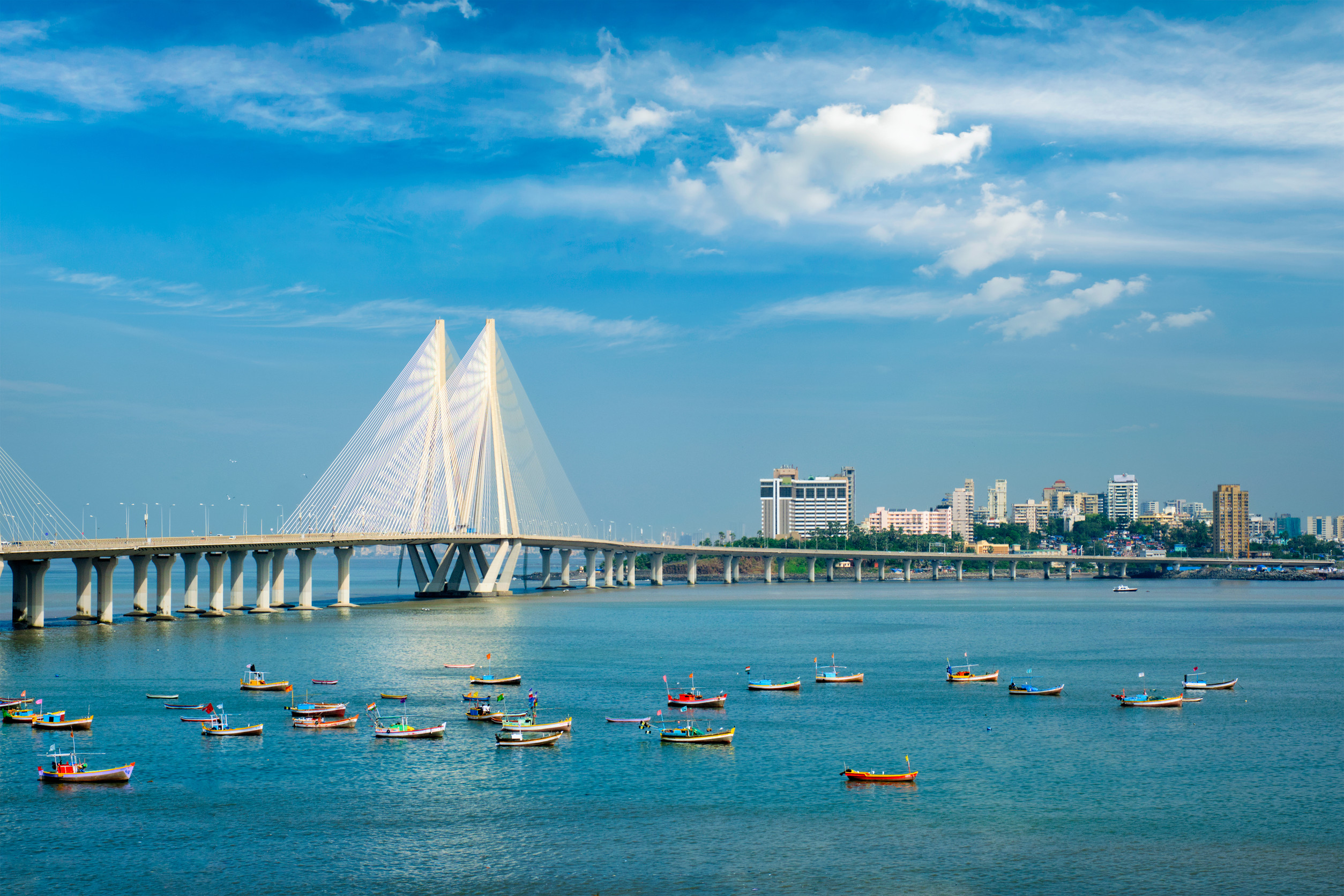 bandra worli sea link bridge with fishing boats view from bandra fort mumbai india
