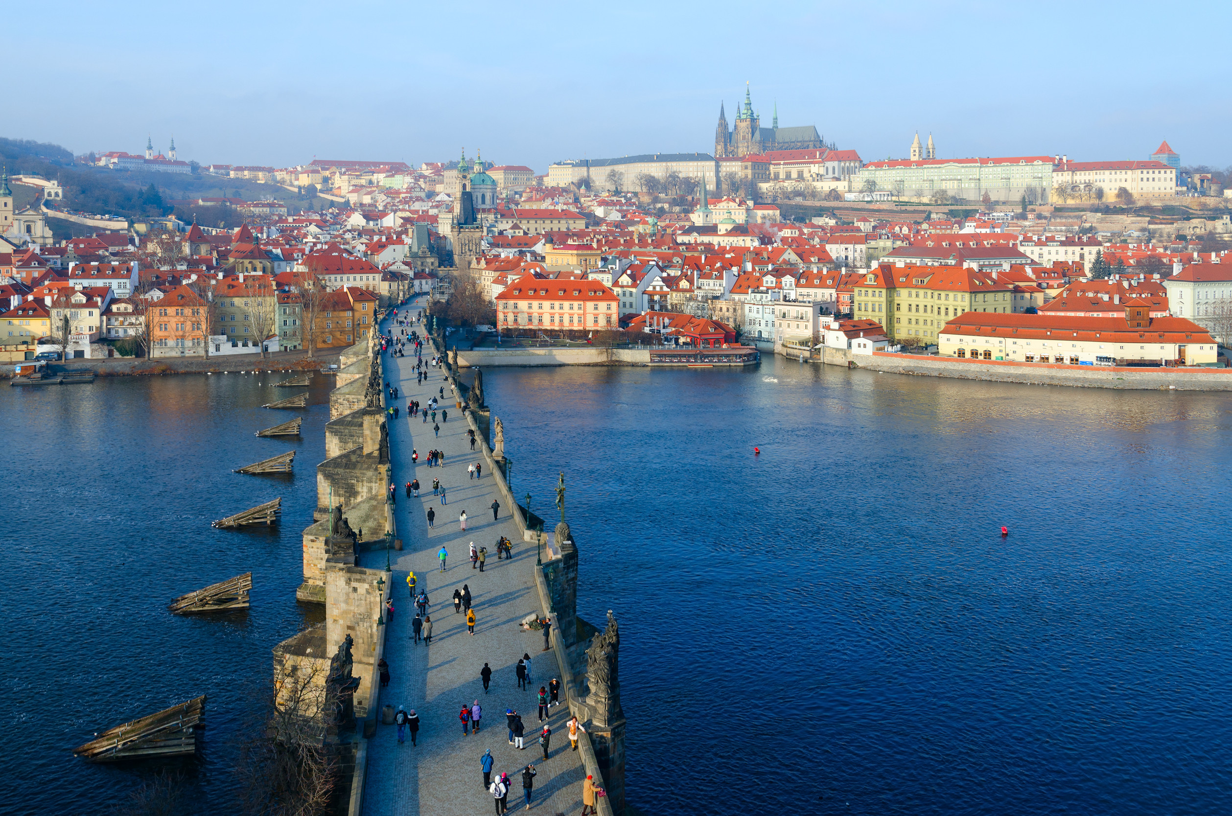 beautiful top view of charles bridge vltava river embankment kampa island historic district hradcany