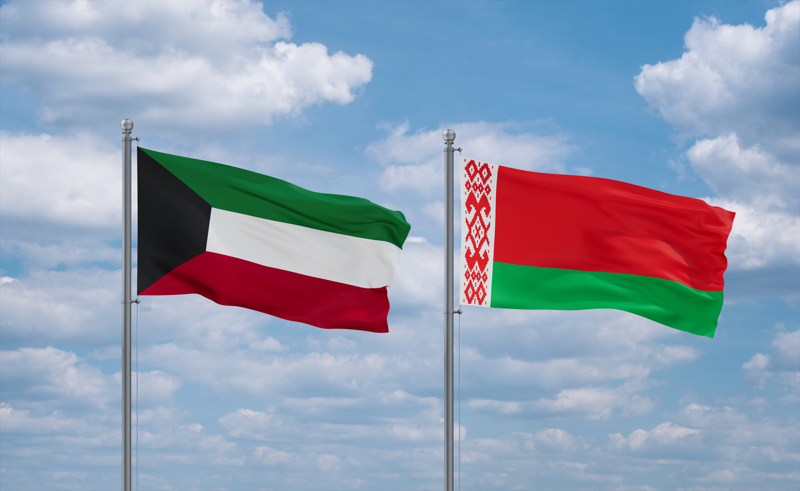 Belarus And Kuwait Flags Waving Together In The Wind