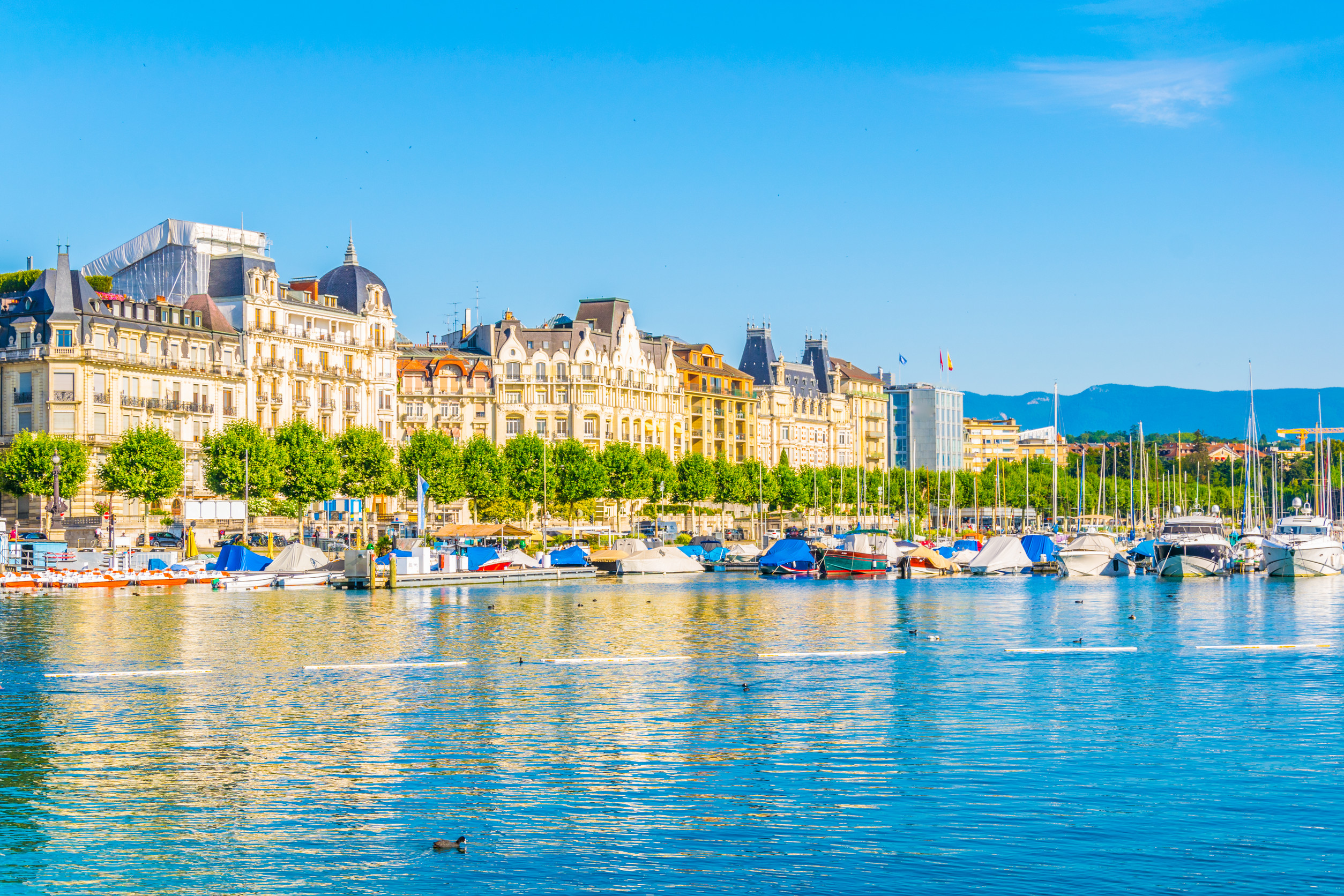 cityscape of geneva viewed behind geneva lake lac leman in switzerland