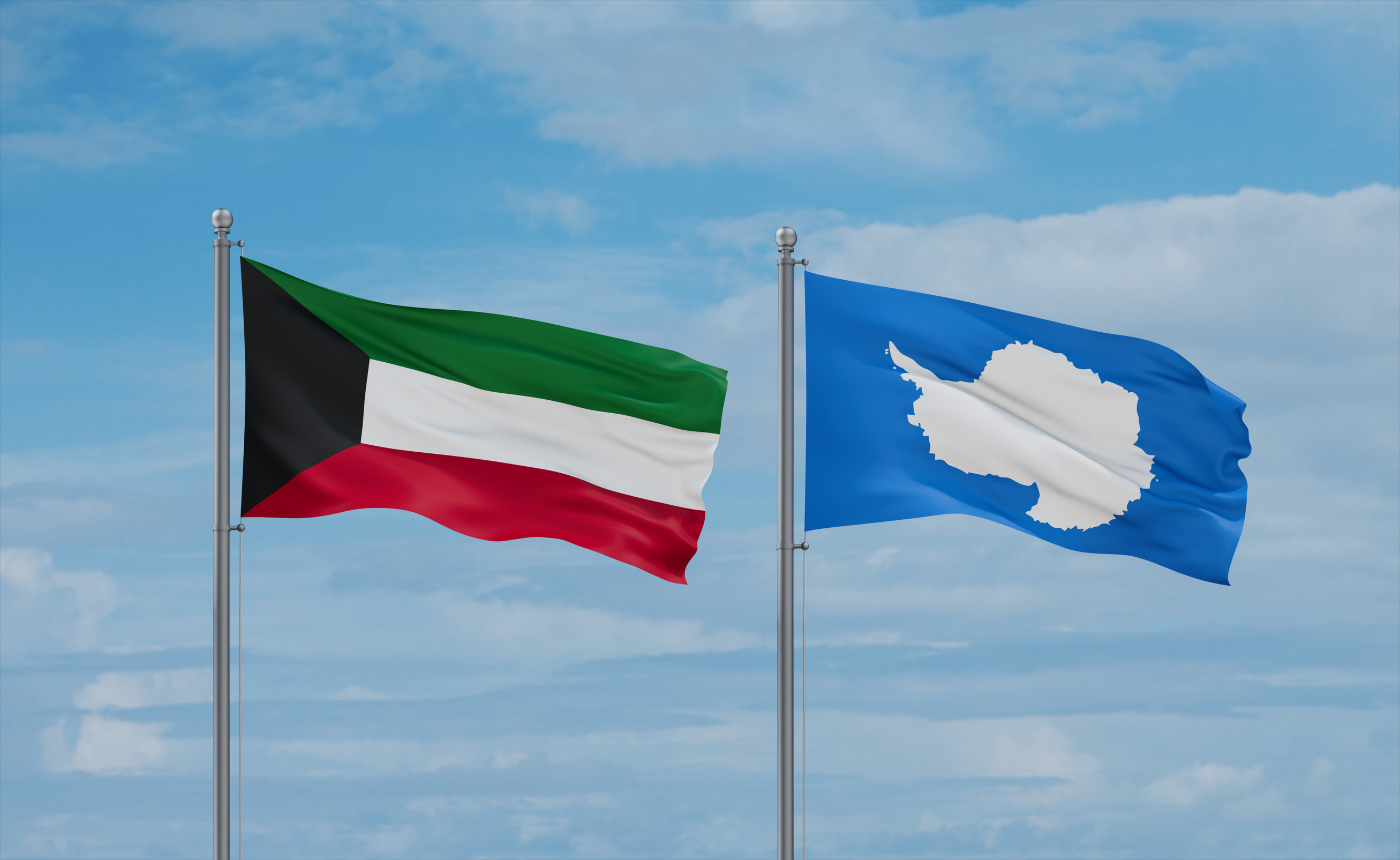 Kuwait And Antarctica Flags Waving Together In The Wind