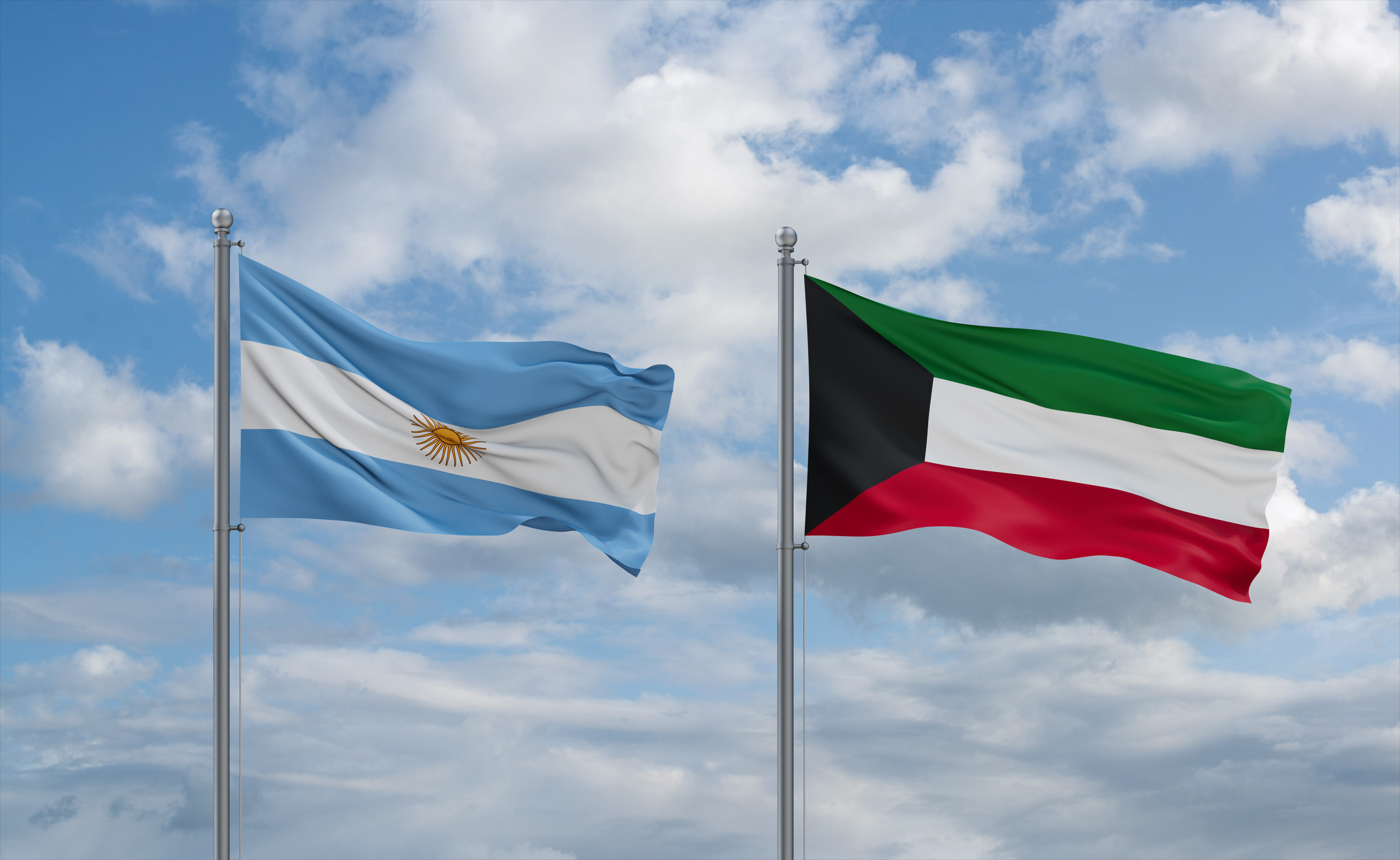 Kuwait And Argentina Flags Waving Together In The Wind