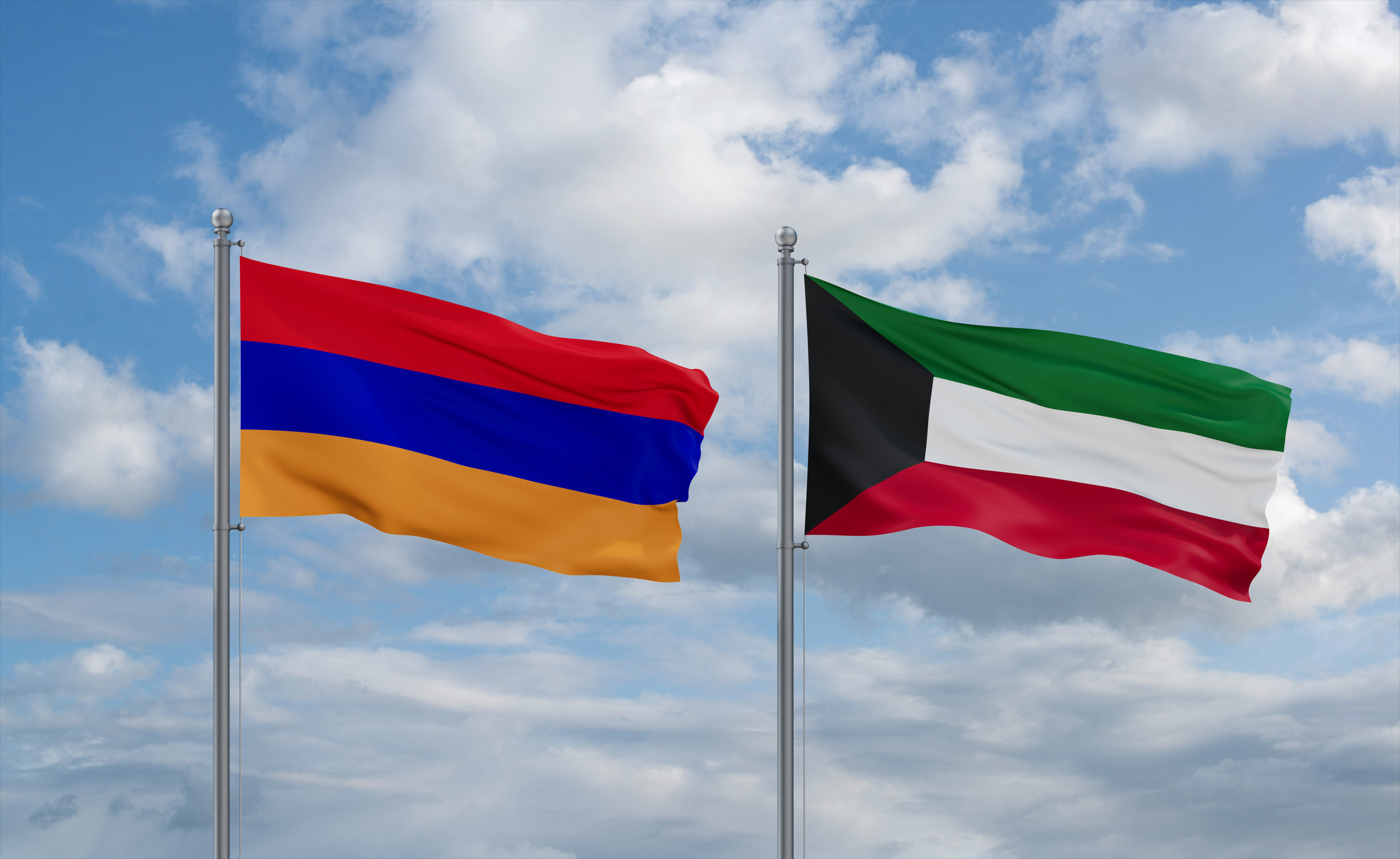 Kuwait And Armenia Flags Waving Together In The Wind 