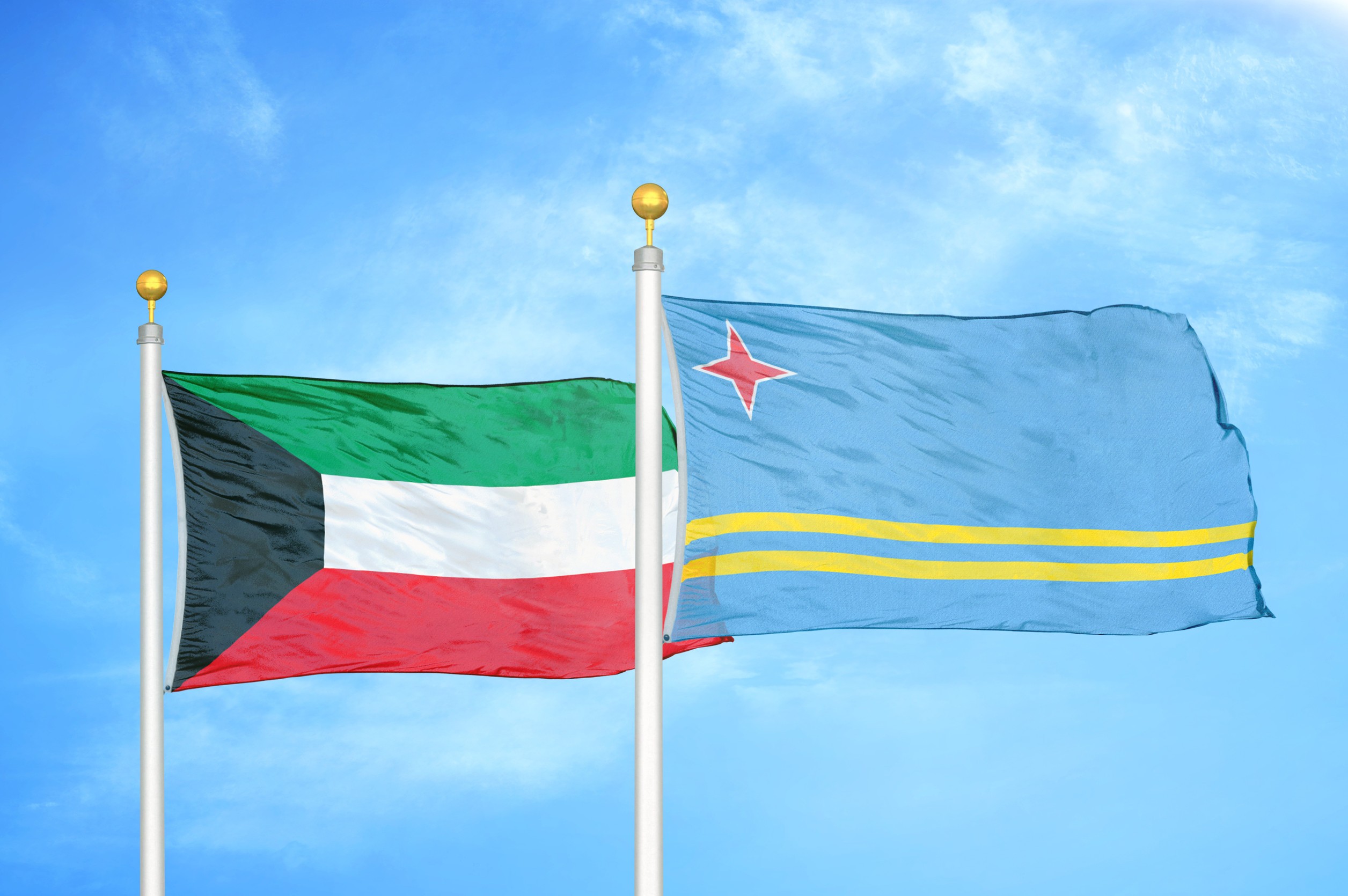 Kuwait And Aruba Two Flags On Flagpoles And Blue Cloudy Sky