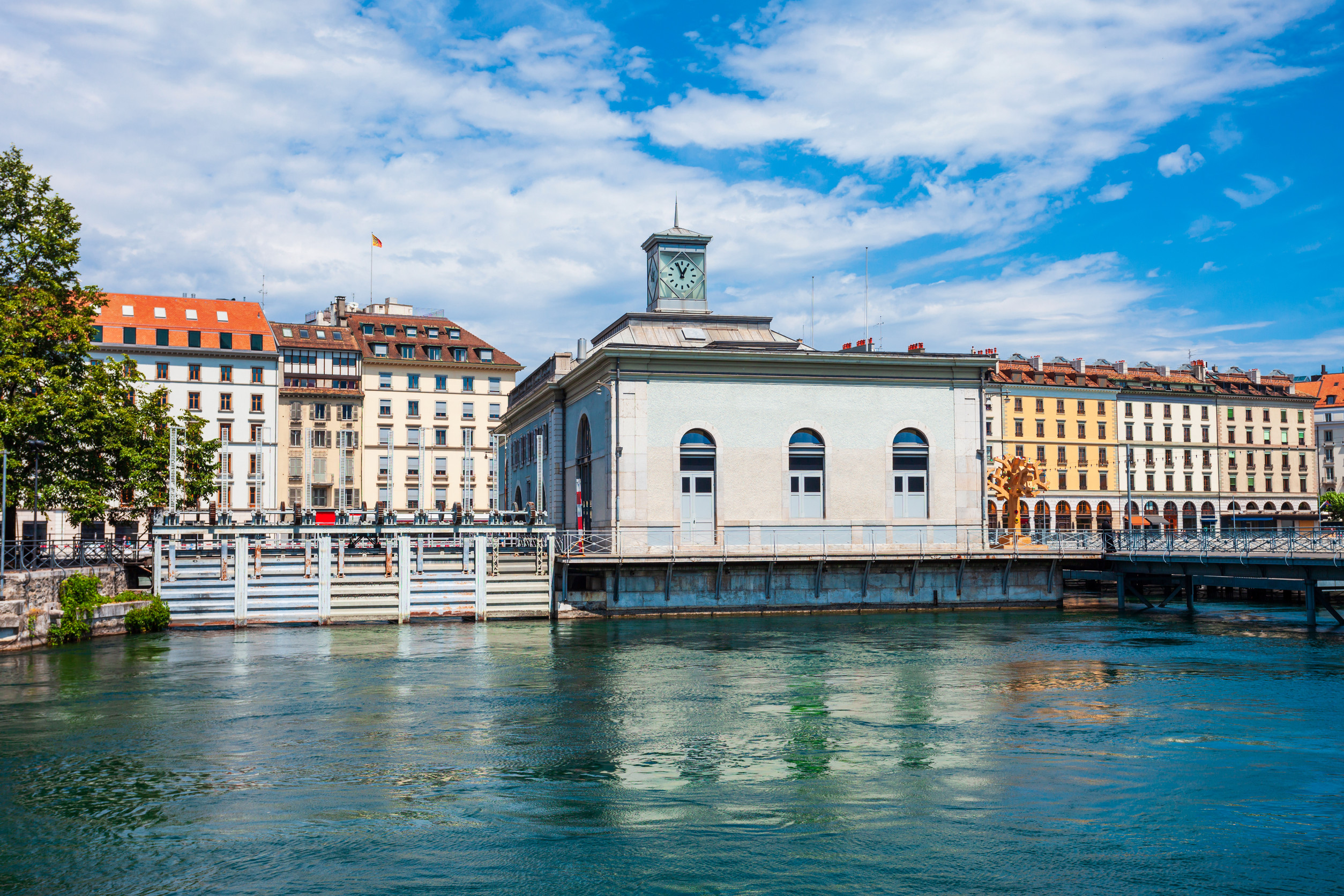 cityscape of geneva viewed behind geneva lake lac leman in switzerland