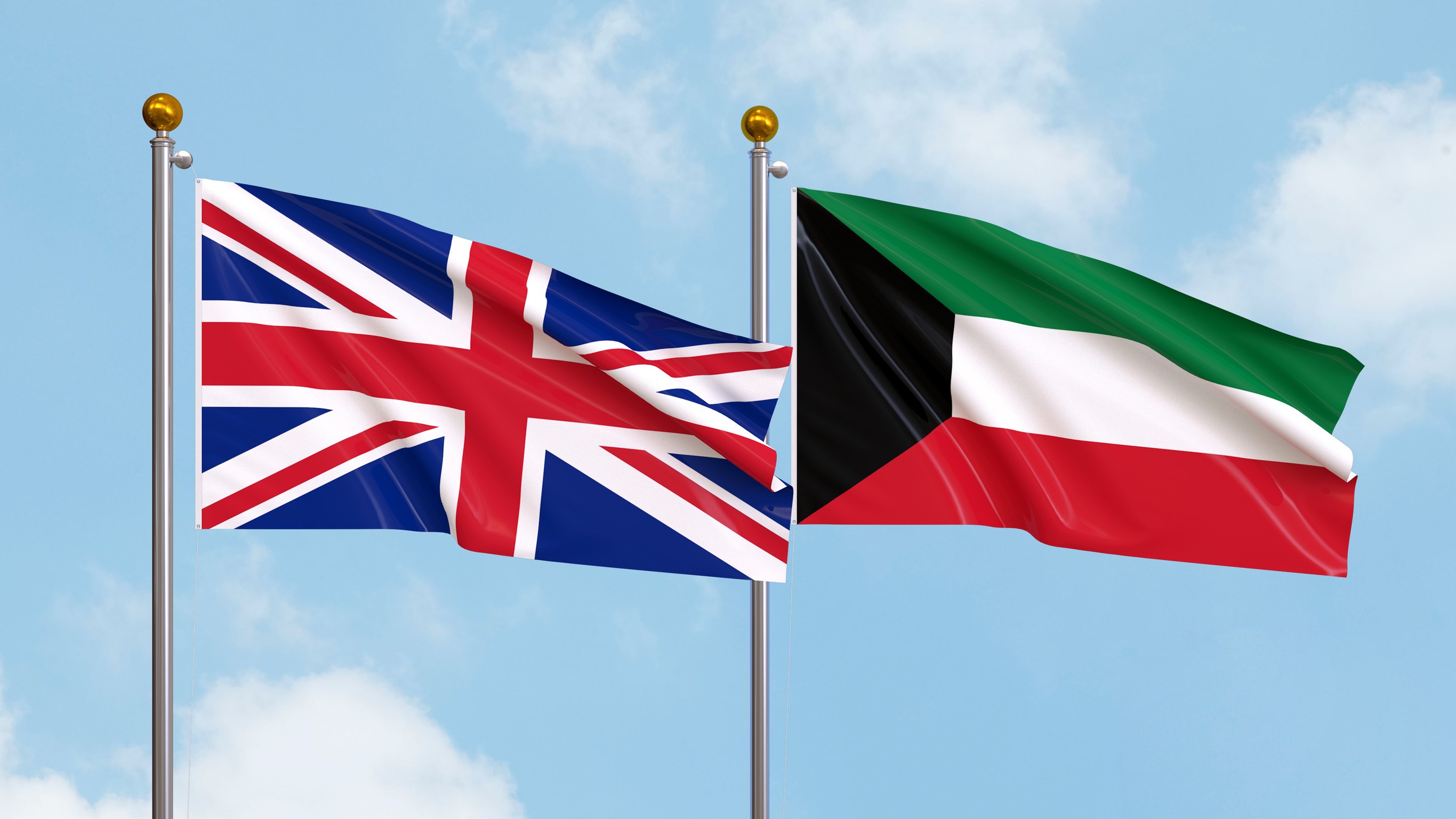 waving-flags-of-united-kingdom-and-kuwait-on-sky-background-illustrating-international